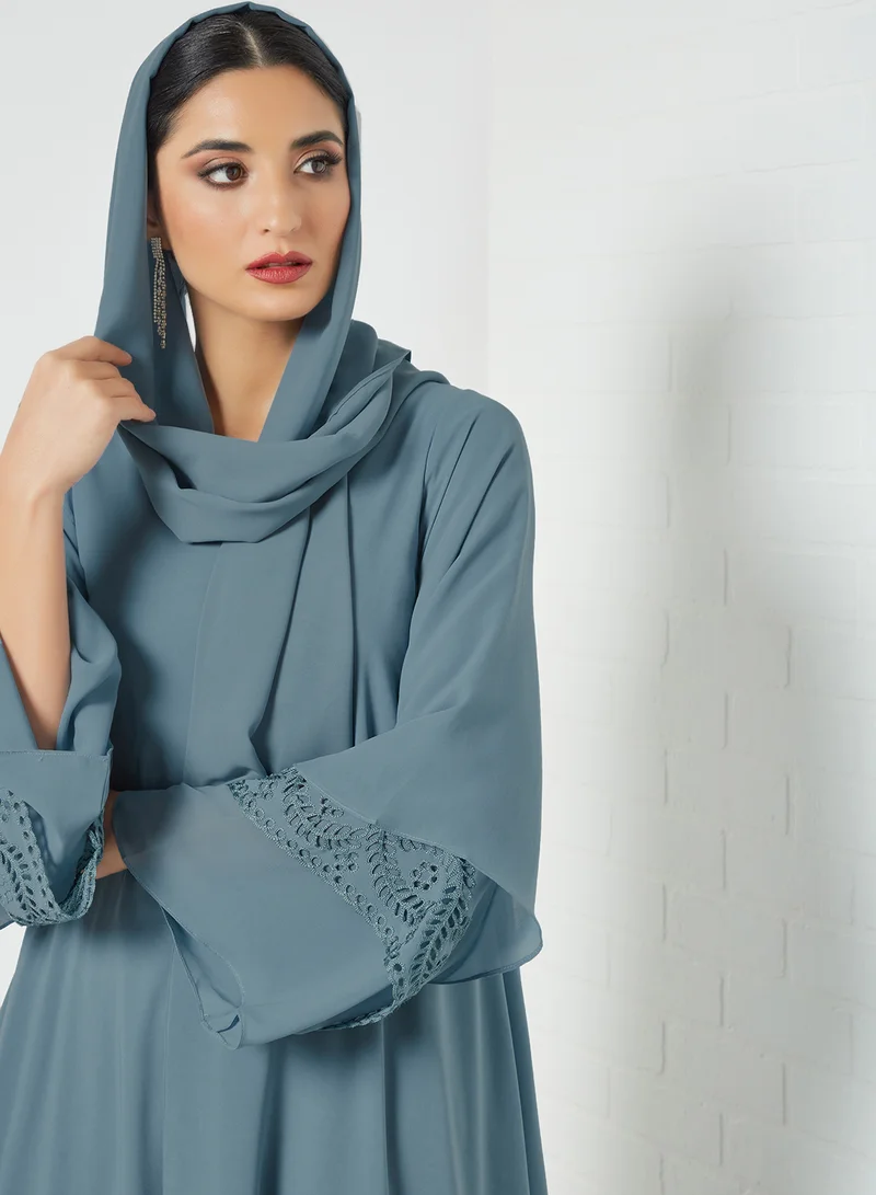 7EVENTY3 Cut-Work Embroidered Abaya Teal