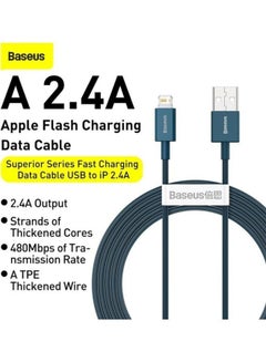 Baseus iPhone Cable, USB to Lightning-Fast Charging Cable iPhone Charger Cable 2.4A Lightning Cord Compatible for iPhone 14/14 Pro/14 Plus/14 Pro Max, iPhone 13 Pro 12 Pro Max 11 XS SE 7 Plus 6S iPad Pro 2M Blue  - Image 2