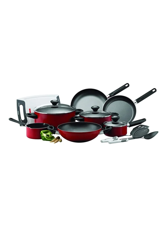 Prestige 14-Piece Classique Pro Aluminium Non Stick Interior Durable & Light Weight Cookware Set Includes 14 cm milk pan, 14 cm covered sauce pan, 20 cm covered casserole, 26 cm covered casserole, 26 cm open wok, 22 cm open fry pan, 26 cm open fry pan, chopping board, Prestige basic solid spoon, regular turner and solid skimmer & 4 liter Pressure Cooker Black/Red/Silver 26cm
