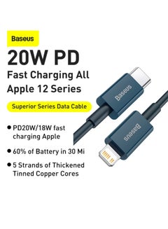Baseus USB C to Lightning Fast Charging Data Cable PD 20W Superior Series Type C for Apple iPhone 14 Pro Max /Plus/13/12/11 Pro Max Mini XS X 8 7 6 5 SE iPad and More 1M Blue  - Image 2