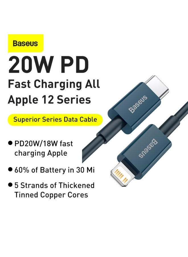 Baseus - USB C to Lightning Fast Charging Data Cable PD 20W Superior Series Type C for Apple iPhone 14 Pro Max /Plus/13/12/11 Pro Max Mini XS X 8 7 6 5 SE iPad and More 1M Blue - Image 1