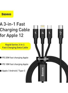 Baseus 3-in-1 Rapid Series Type-C 20W PD Nylon Braided Fast Charging Data Cable with Micro, Type-C, Lightning for Phone 13/12/11 Pro/XR/Max/Samsung S10 S9 /Note 9/ Moto G7/LG and More Black  - Image 2