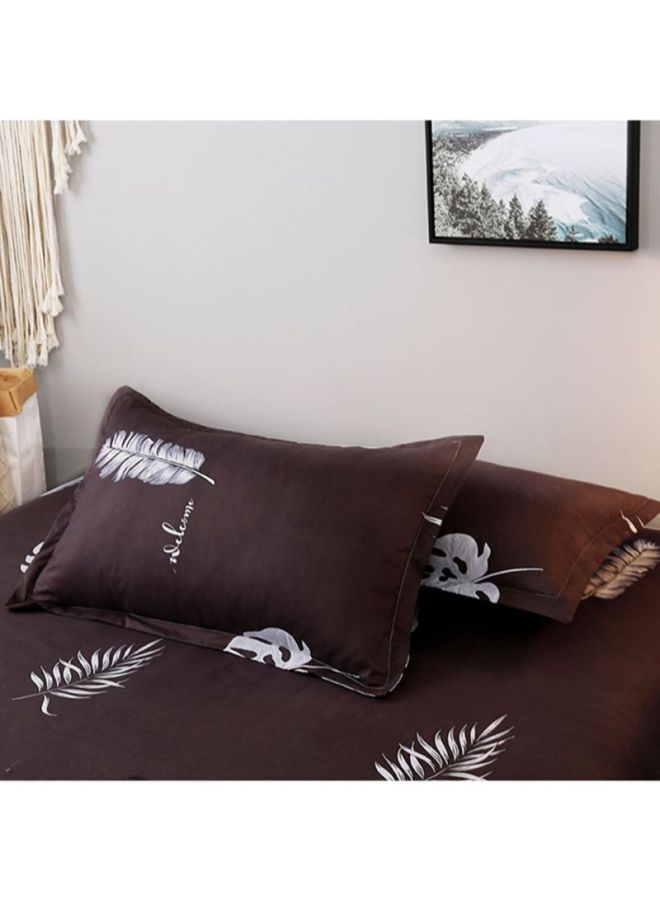 Beauenty 4-Piece Leaf Printed Bedding Set Polyester Brown/White Quilt Cover 220x240 cm, Bedsheet 230x250 cm, Pillowcase 48x74cm  - Image 2