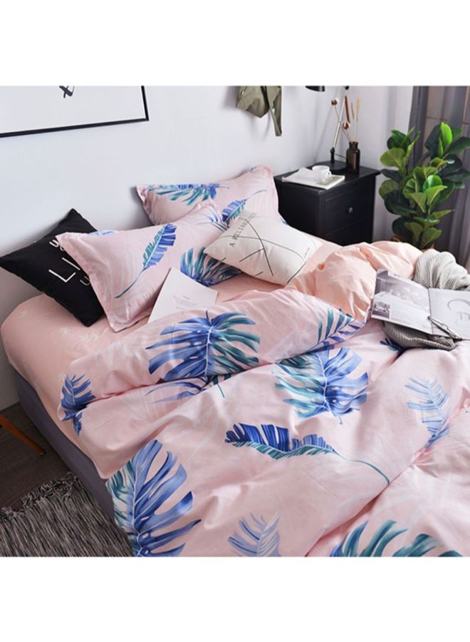 بيوينتي طقم أغطية سرير بطبعة ورقة شجر مكون من 4- قطع بوليستر أزرق وردي Quilt Cover 150x200 cm, Bedsheet 200x230 cm, Pillowcase 48x74سم  - Image 1