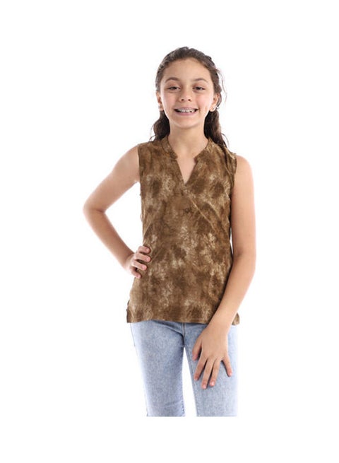 بلوزة للفتيات بدون أكمام وبرقبة على شكل حرف V مصبوغة بطريقة الربط بني