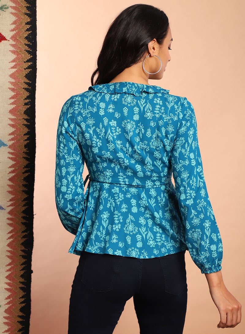 Aila Casual V Neck Printed Blouse Top Light Blue Aop  - Image 2