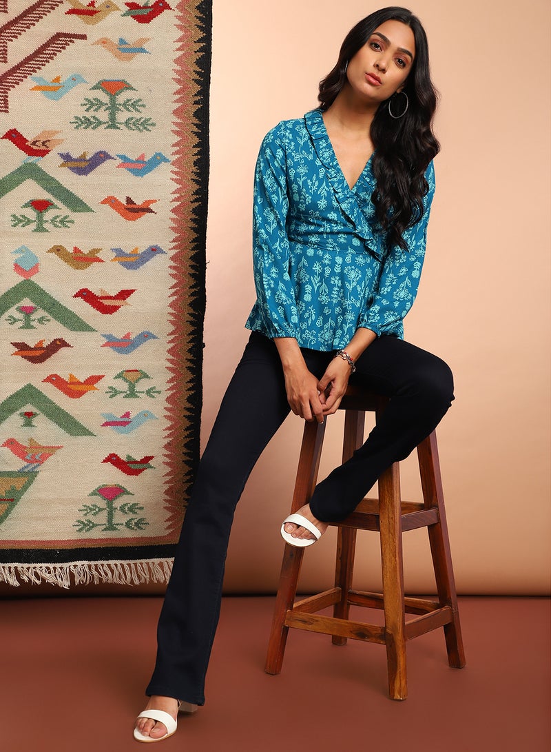 Aila Casual V Neck Printed Blouse Top Light Blue Aop  - Image 3
