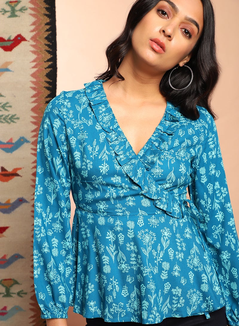 Aila Casual V Neck Printed Blouse Top Light Blue Aop  - Image 4