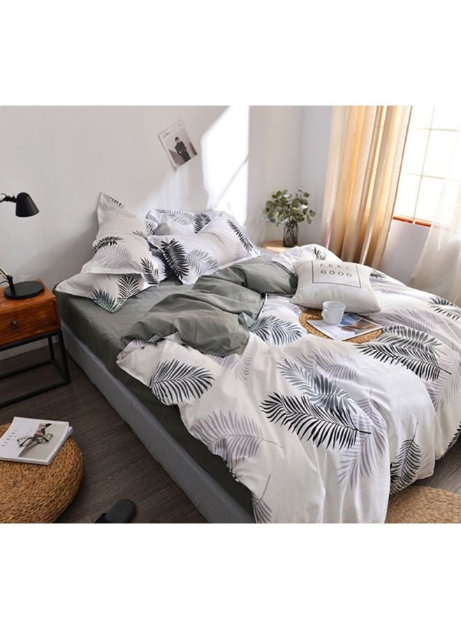 Beauenty 4-Piece Leaf Printed Bedding Set combination White/Grey/Blue Quilt Cover 150x200 cm, Pillow Cover 48x74 cm, Fitted Sheet 180x220cm - Image 1
