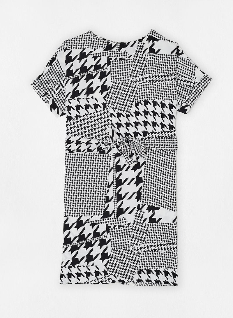 Aila Printed Round Neck Mini Dress White/Black  - Image 1