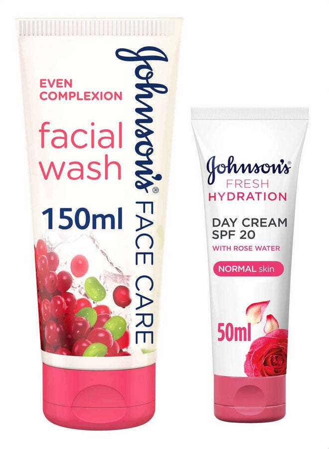 Johnson's Even Complexion Facial Wash, 150 ml and Fresh Hydration Day Cream with Rose Water and SPF20 - 50ml 
