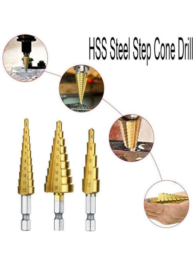 3-Piece Hexagonal Shank High-Speed Steel Step Cone Drill Bit Golden/Silver 12 x 2 x 10cm - Image 2