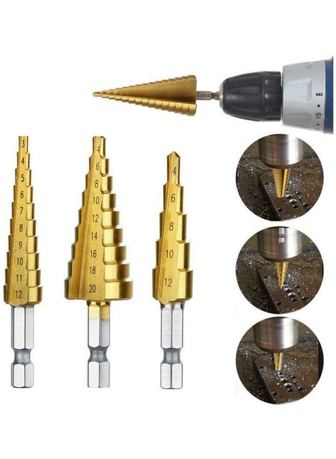 3-Piece Hexagonal Shank High-Speed Steel Step Cone Drill Bit Golden/Silver 12 x 2 x 10cm - Image 4
