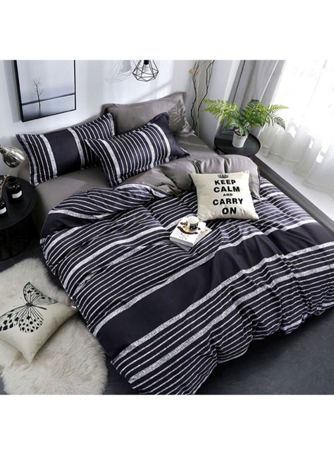 Beauenty 4-Piece Striped Printed Bedding Set Polyester Black/White Quilt Cover 150x200 Cm, Bed Sheet 180x220 Cm, Pillow Cover 48x74cm - Image 1
