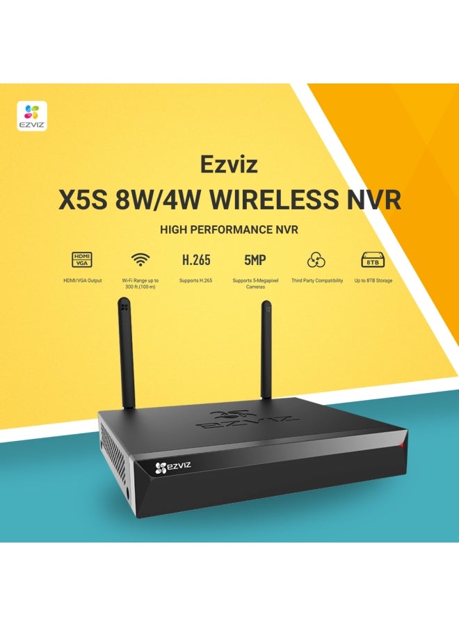 EZVIZ - X5S-8W Wireless 8 Channel NVR, Supports High-Resolution Cameras of Up to 3K Video Quality, Wi-Fi Range (2.4G) Up to 100 m, Supports ONVIF, H.265 Video Technology, HDMI/VGA Output, Supports Up to 8TB Storage | CS-X5S-R100-8W - Image 1