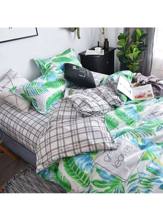 Beauenty 4-Piece Leaf Printed Bedding Set Polyester White/Green/Blue Quilt Cover 150x200 cm, Bedsheet 200x230 cm, Pillowcase 48x74cm - Image 1