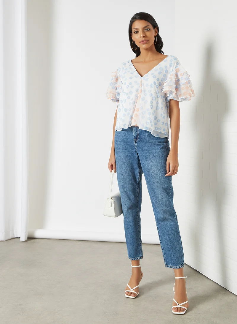 LOST INK Floral Print Ruffle Sleeve Top