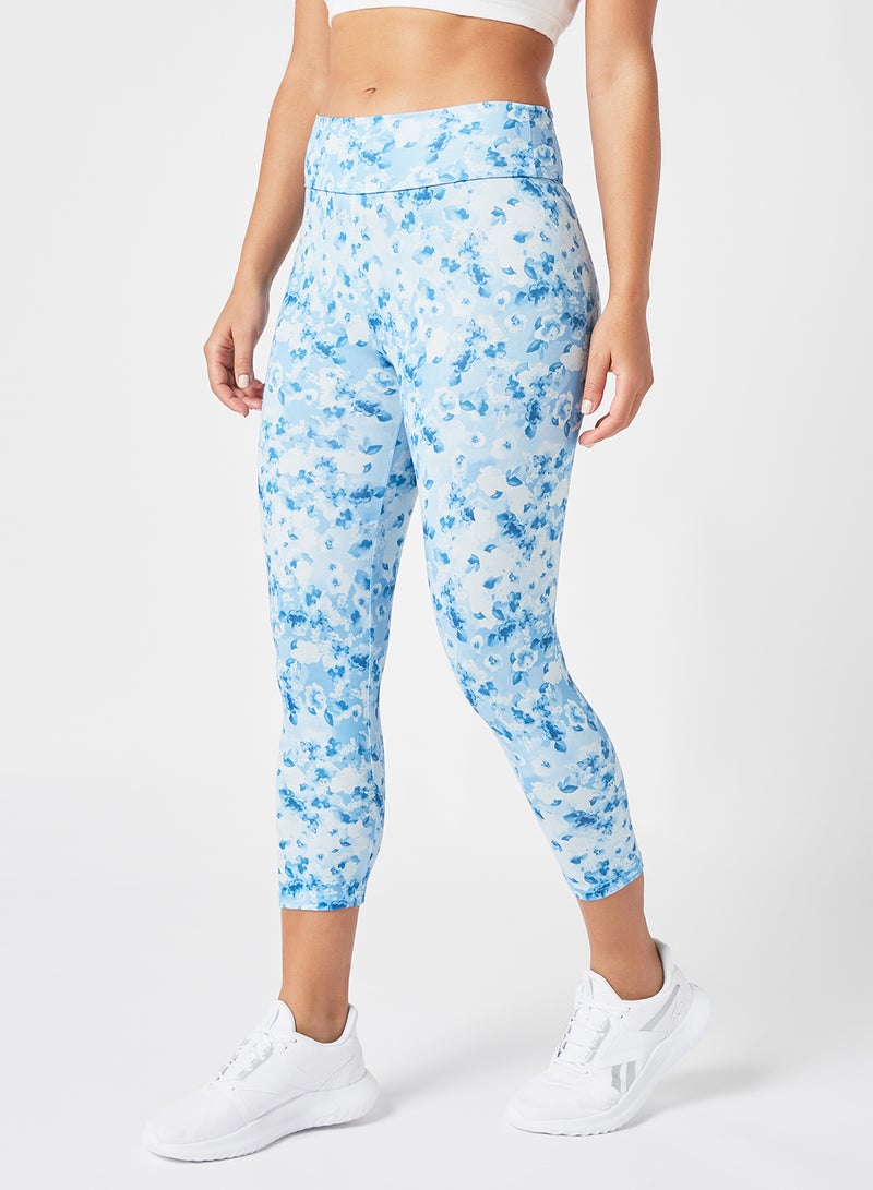 Athletiq - Women's High Rise Sports Training Workout Stretch Leggings With Elastic Waist And All Over Print White/Blue - Image 1