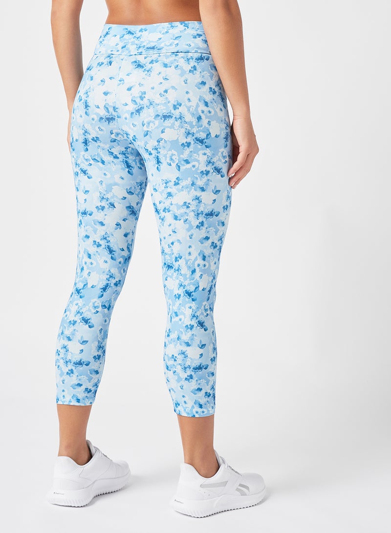 Athletiq - Women's High Rise Sports Training Workout Stretch Leggings With Elastic Waist And All Over Print White/Blue - Image 1