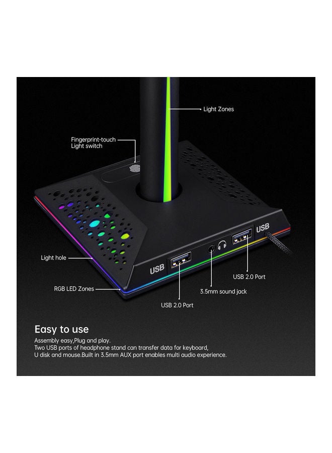 ARNO - Dual USB Interface Game Headset Bracket 3.5mm Audio Jack and RGB Touch Light Black - Image 1