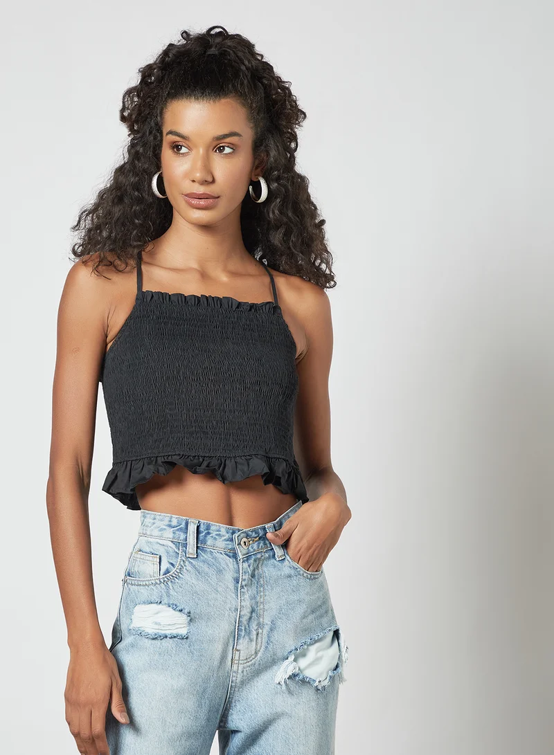 NA-KD Shirred Crop Top Black