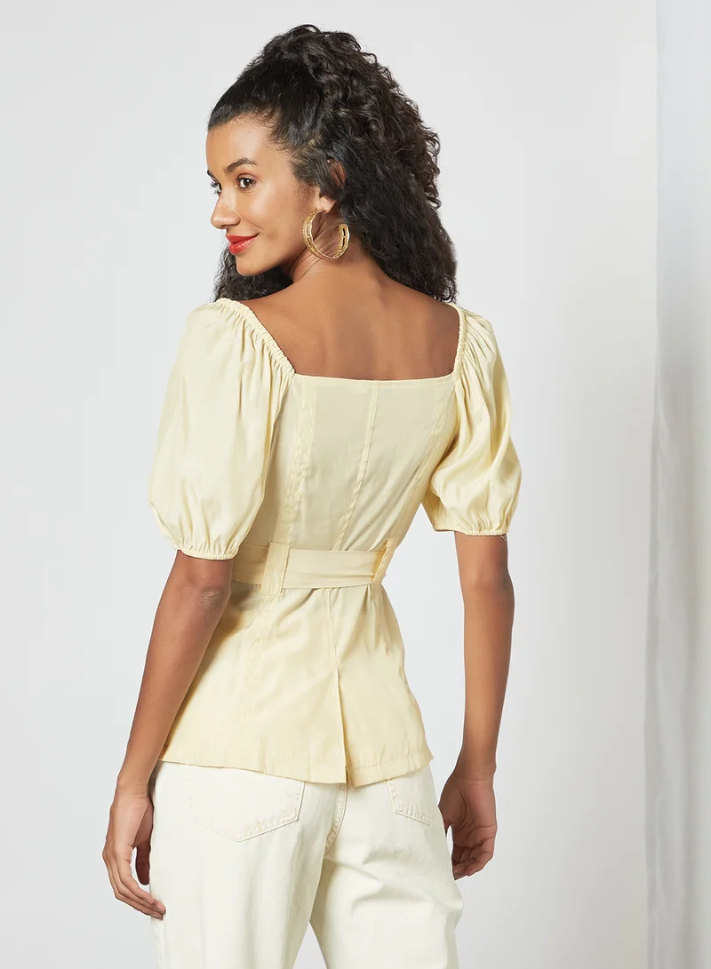 NA-KD Puffed Sleeve Top Light Yellow