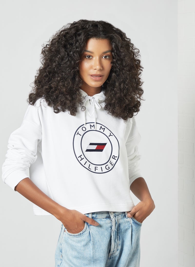 TOMMY SPORT - Logo Print Cropped Hoodie White - Image 1