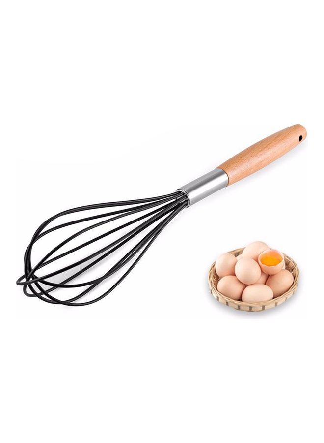 مضرب بيض من السيليكون بمقبض خشبي أسود/بيج 