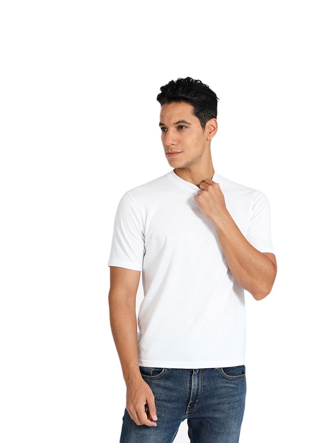 Tropical Solid Pattern Fine Knit Crew Neck T-Shirt White  - Image 1