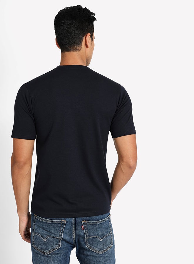 Tropical Solid Pattern Crew Neck T-Shirt Navy Blue  - Image 2