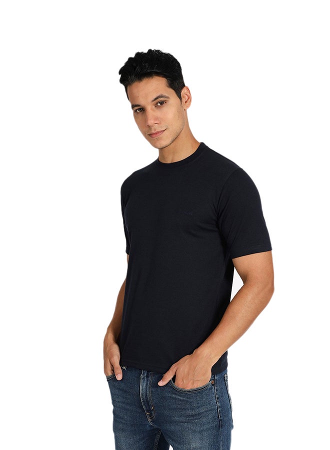 Tropical Solid Pattern Crew Neck T-Shirt Navy Blue  - Image 1
