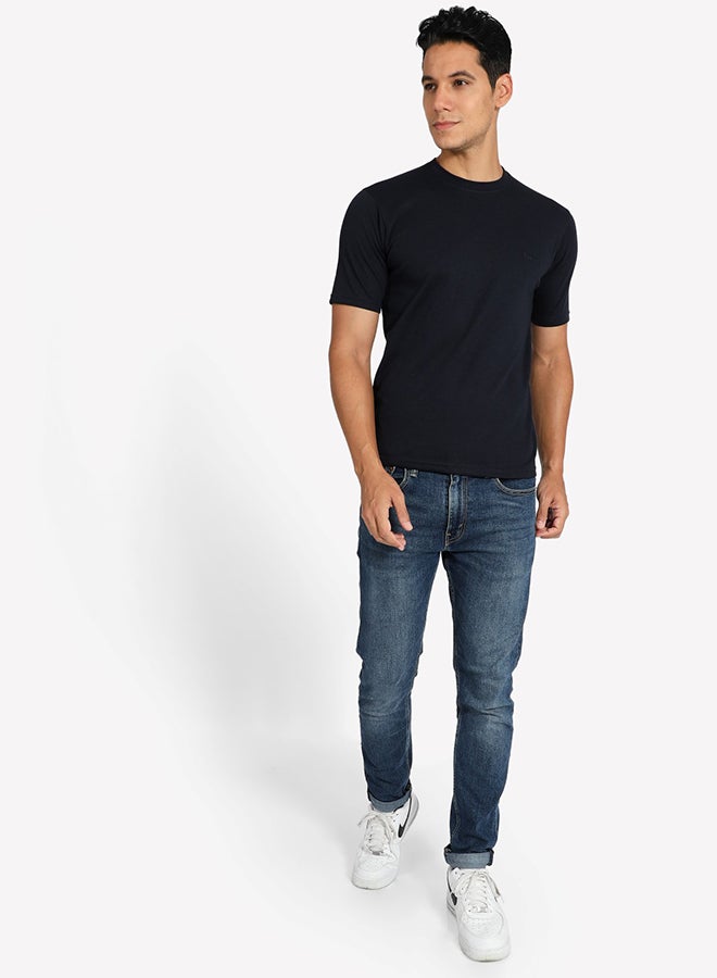 Tropical Solid Pattern Crew Neck T-Shirt Navy Blue  - Image 3