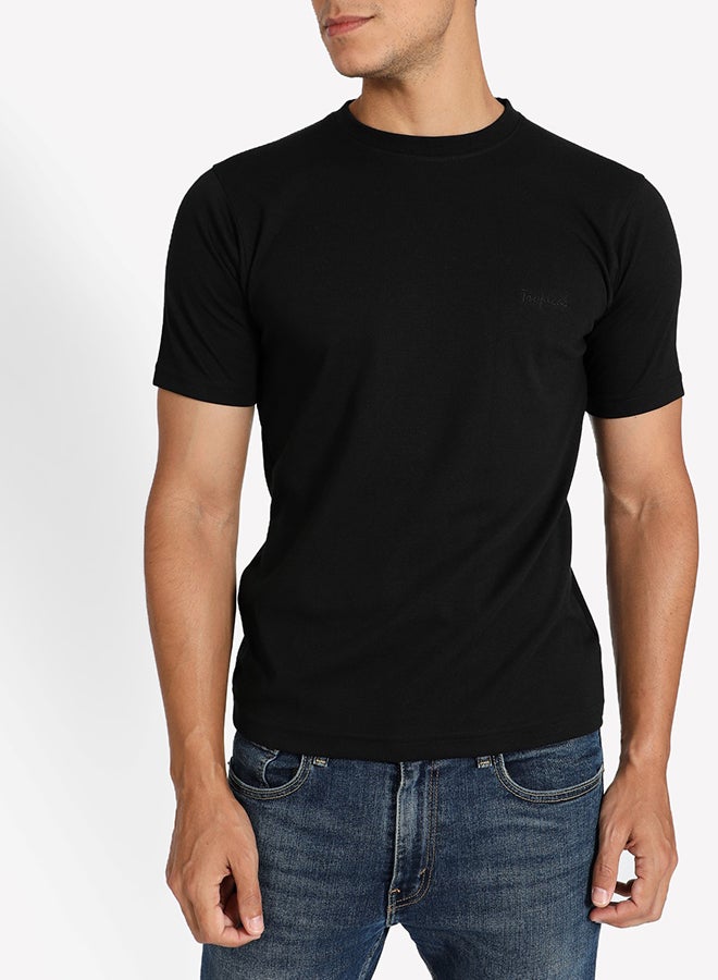Tropical Solid Pattern Crew Neck T-Shirt Black  - Image 4