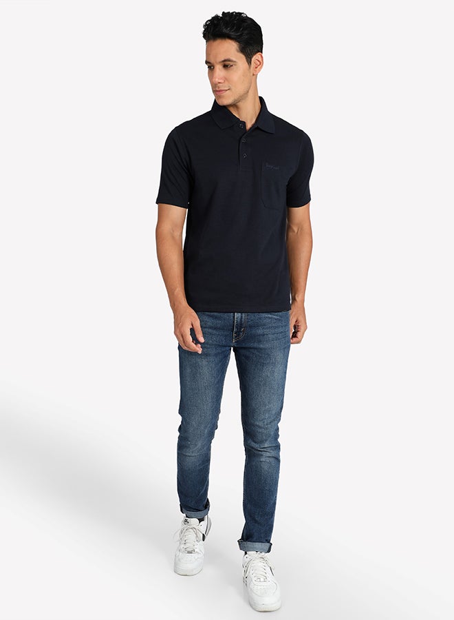 Tropical Solid Pattern 3 Button Placket Polo Navy Blue  - Image 3