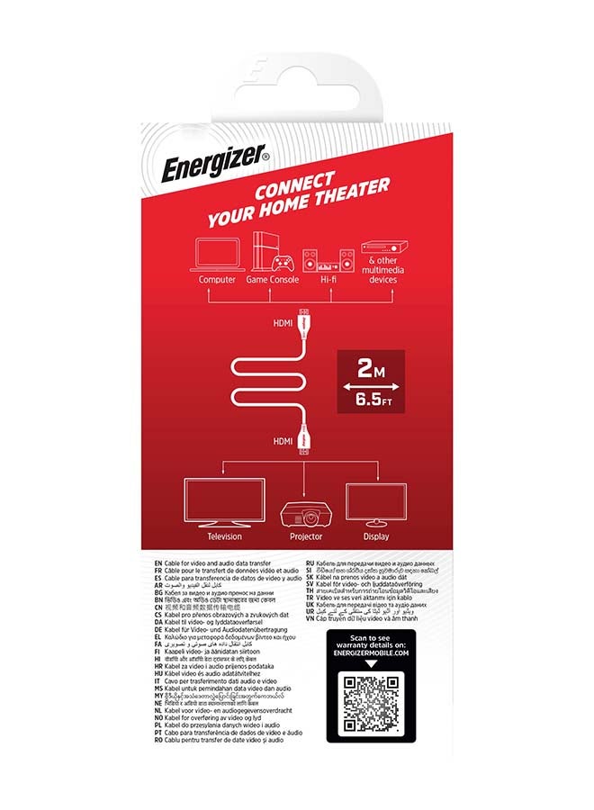 Energizer Classic HDMI Cable 4K 2M HDMI 2.0 18Gbps High-Speed 4K At 60Hz HDMI To HDMI Video Wire Ultra HD 3D 4K HDMI Cord Braided Compatible With MacBook Pro UHD TV Nintendo Switch Xbox PlayStation PS5/4 PC Laptop -2M Black  - Image 4