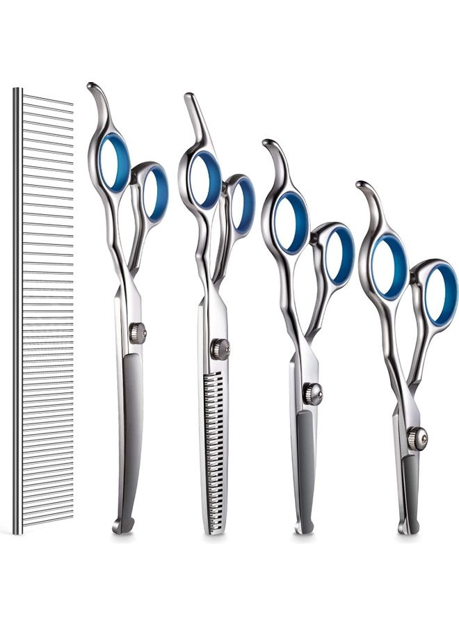 XiuWoo 4-Piece Pet Grooming Scissor Set with Comb Silver/Blue - Image 1