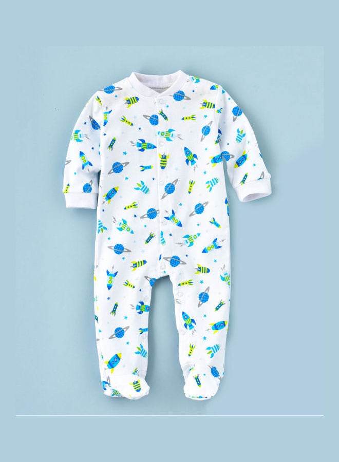 babyqlo Spaceship Printed Overall Footie Sleepsuit Blue/Green/White  - Image 1