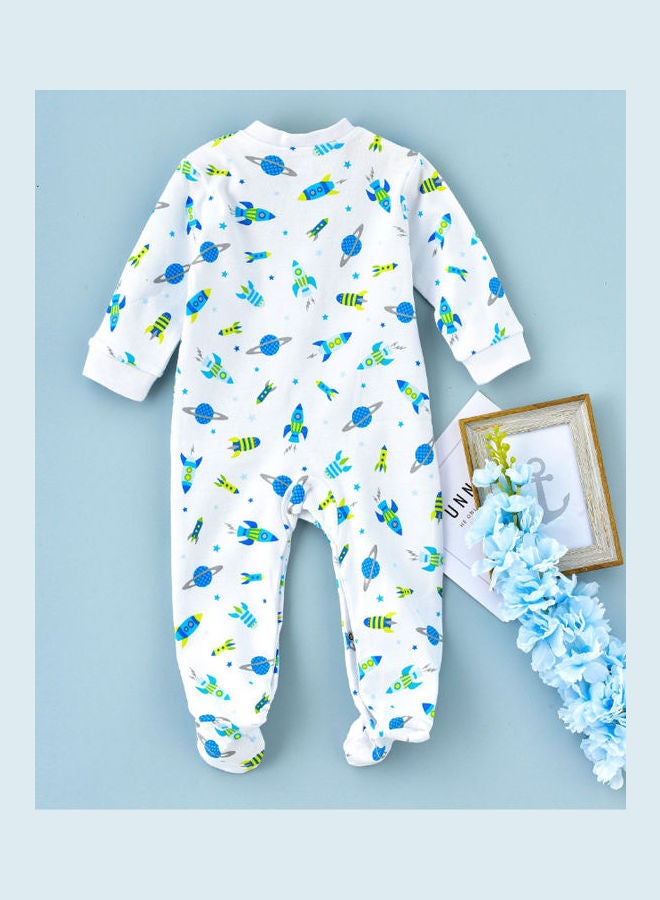 babyqlo Spaceship Printed Overall Footie Sleepsuit Blue/Green/White  - Image 2
