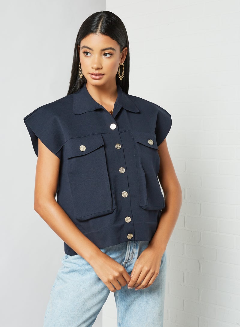 MANGO Button Down Waistcoat Navy - Image 1