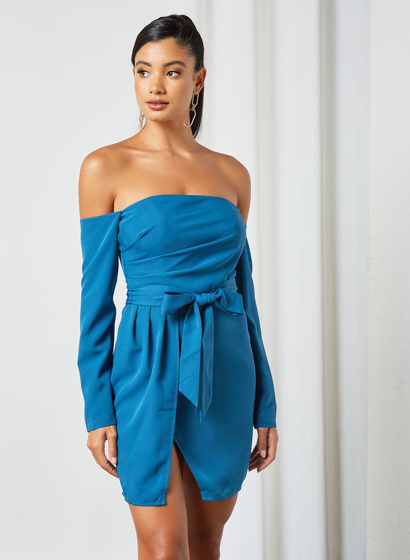 Chi-Chi London - Bardot Mini Dress Blue - Image 1