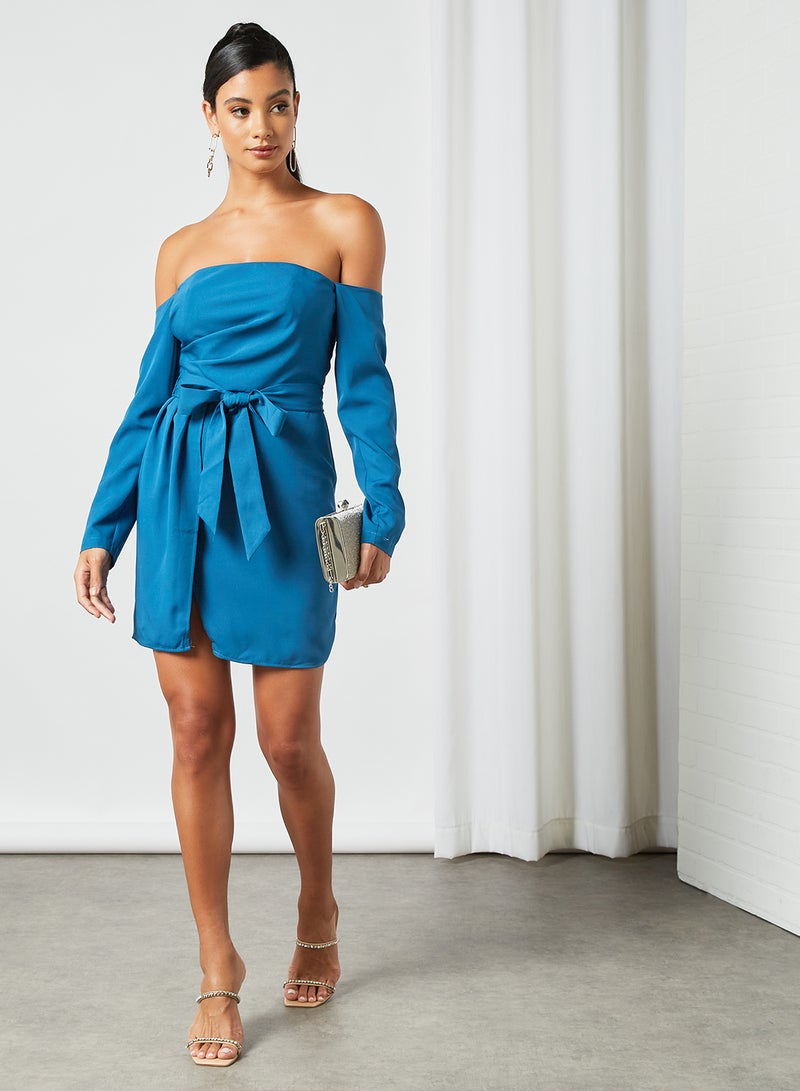 Chi-Chi London - Bardot Mini Dress Blue - Image 1