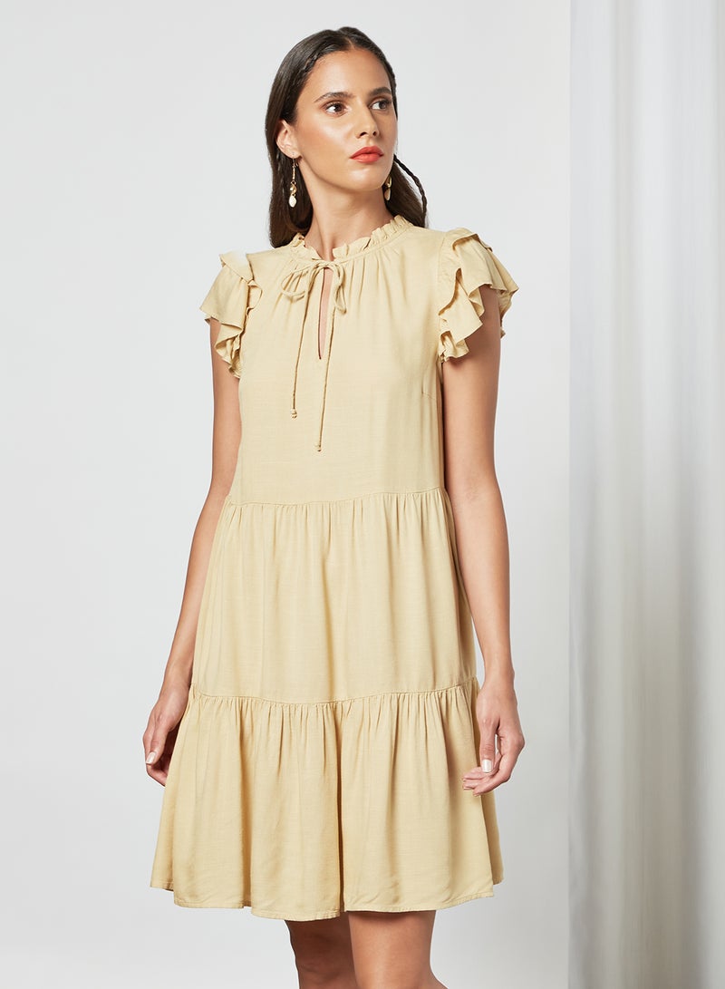 PIECES - Tie-Up Neck Tiered Midi Dress Beige - Image 1