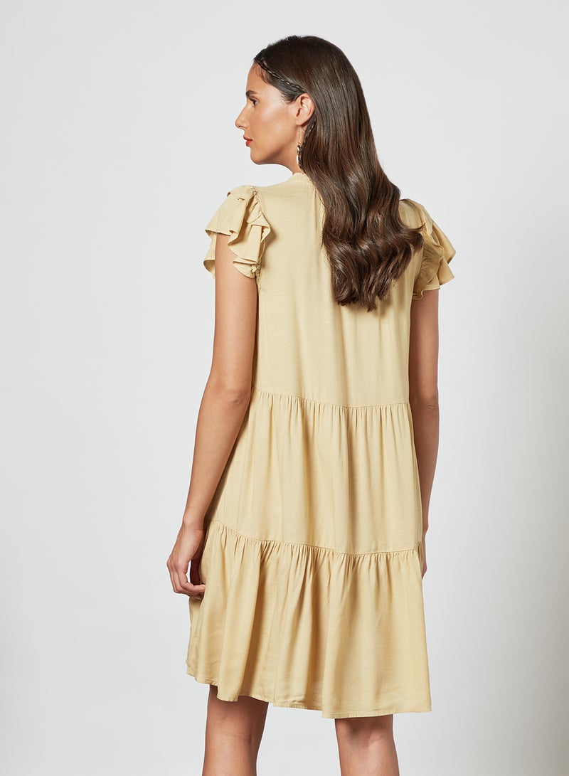 PIECES - Tie-Up Neck Tiered Midi Dress Beige - Image 1