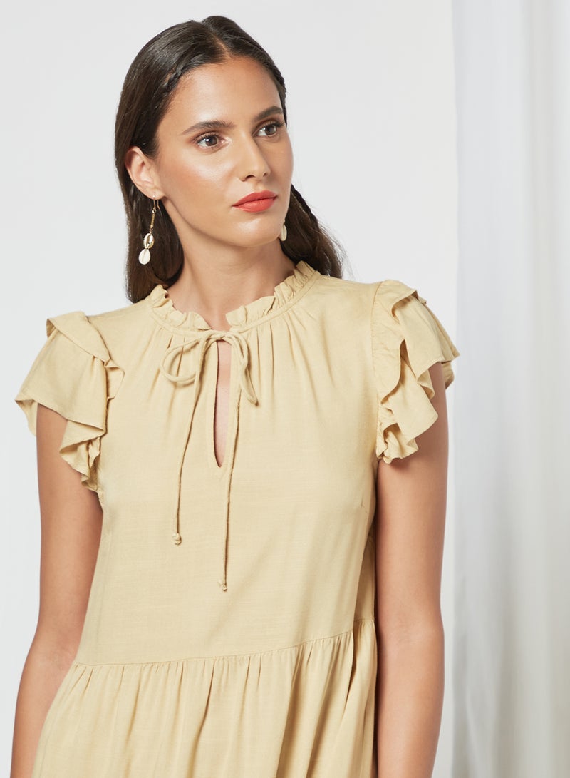 PIECES - Tie-Up Neck Tiered Midi Dress Beige - Image 1