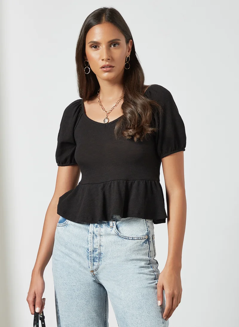 PIECES Ruffle Hem Top Black