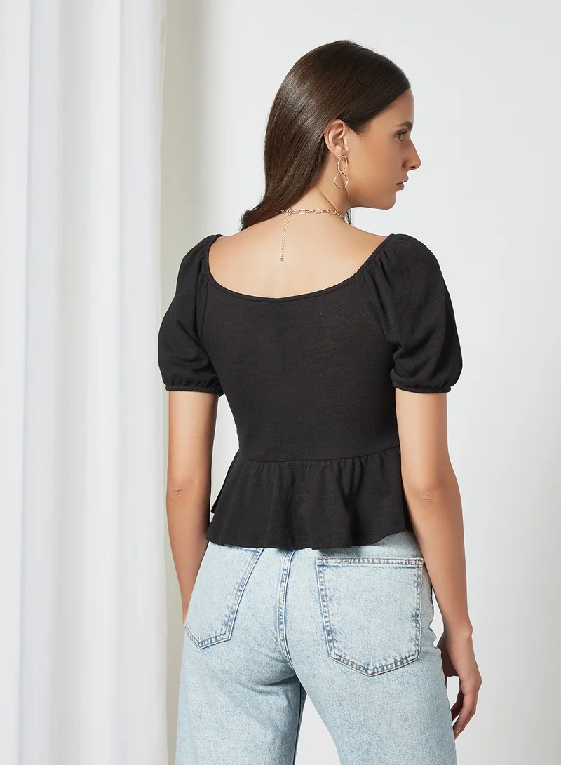 PIECES Ruffle Hem Top Black