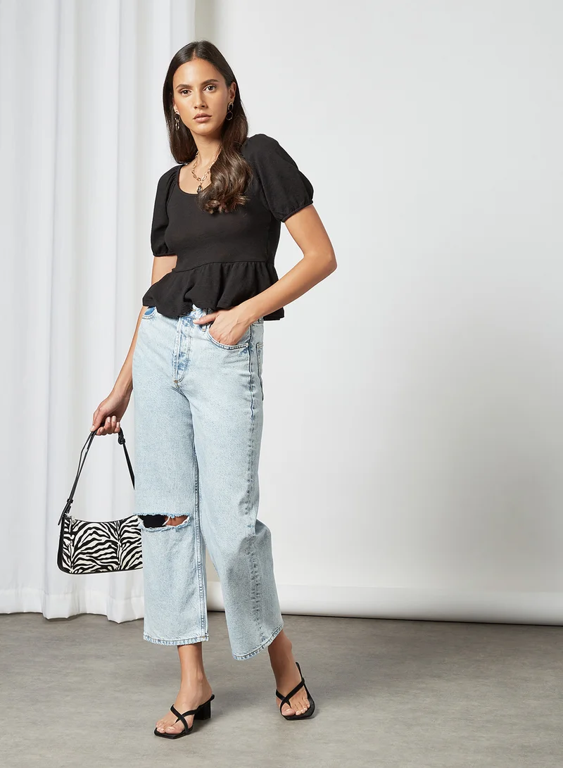 PIECES Ruffle Hem Top Black