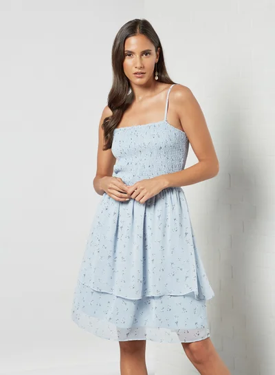 PIECES Shirred Detail Midi Dress Light Blue