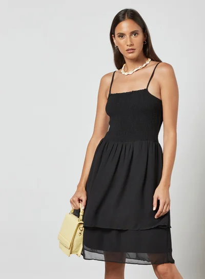 PIECES Shirred Detail Midi Dress Black