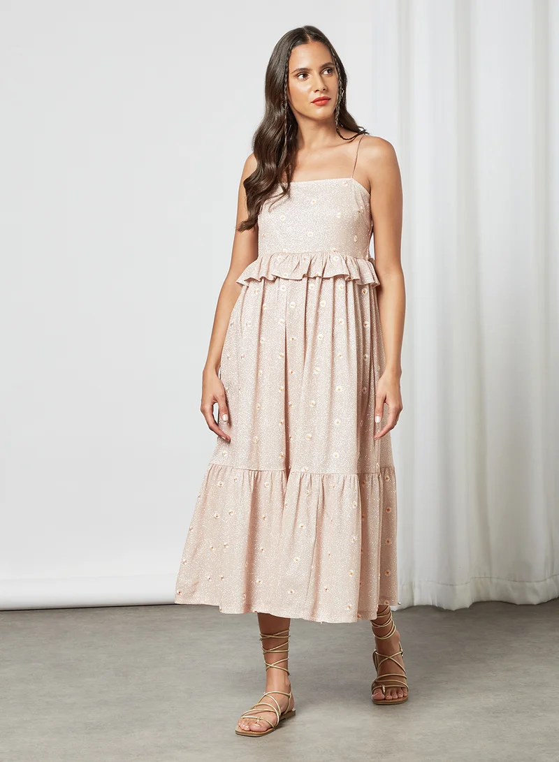 PIECES Sparkly Floral Print Midi Dress Pink